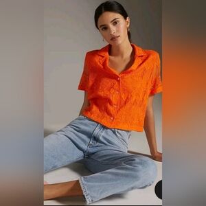 Anthropologie Maeve Lace Button Down Top sz XS -orange